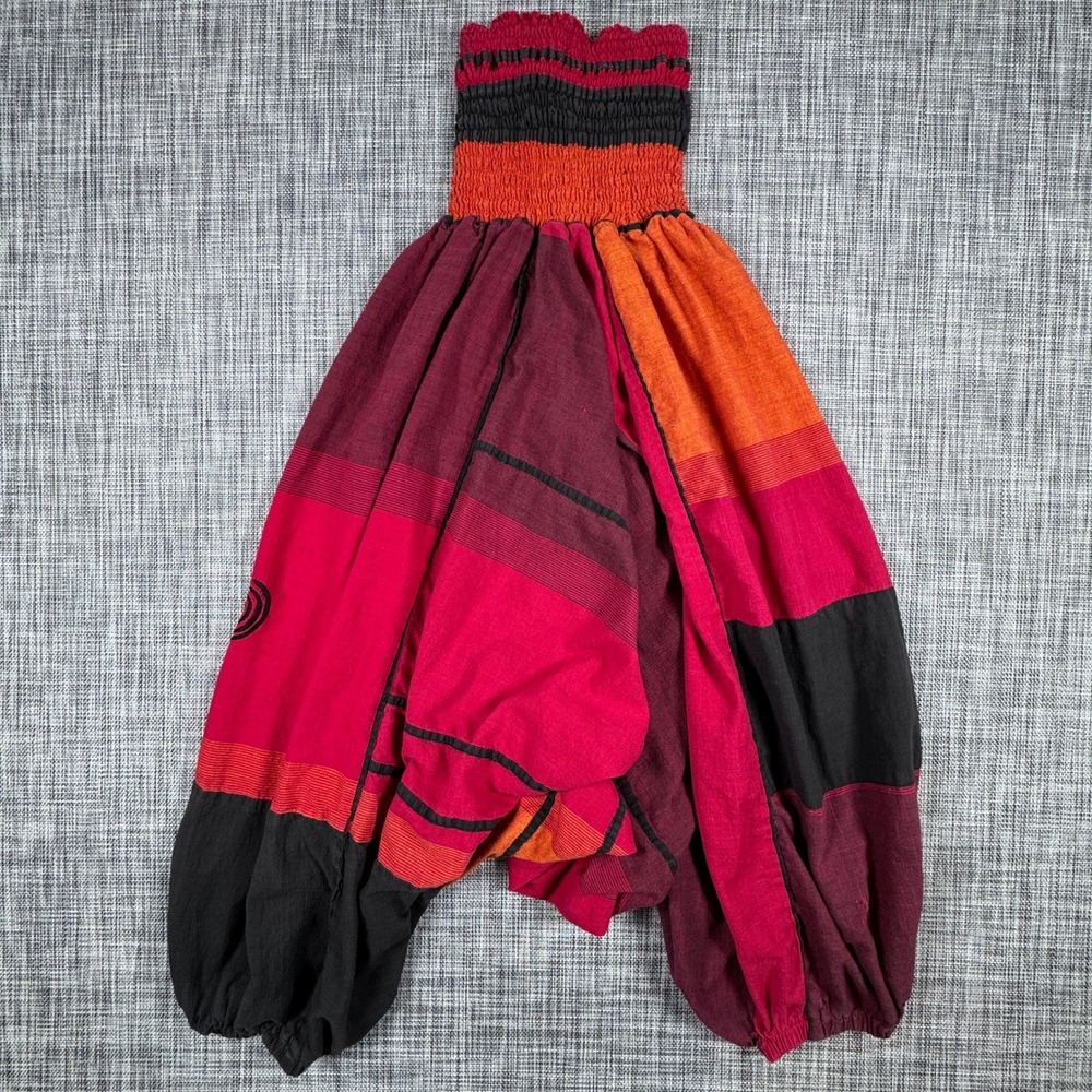 Swamee Women's Harem Pants S/M Red Orange Patchwork Boho Smocked Waist Cotton